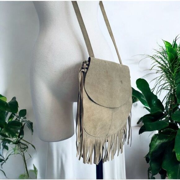 Tan Brown Leather Fringe Bucket Purse Bag Crossbody Medicine Biker - Picture 2 of 8